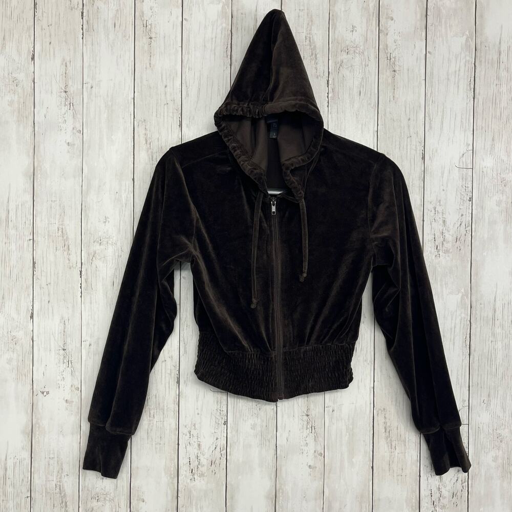 Alya Brown Velour Long Sleeve Cropped Hooded Soft Zip Up Hoodie Sweatshirt Small